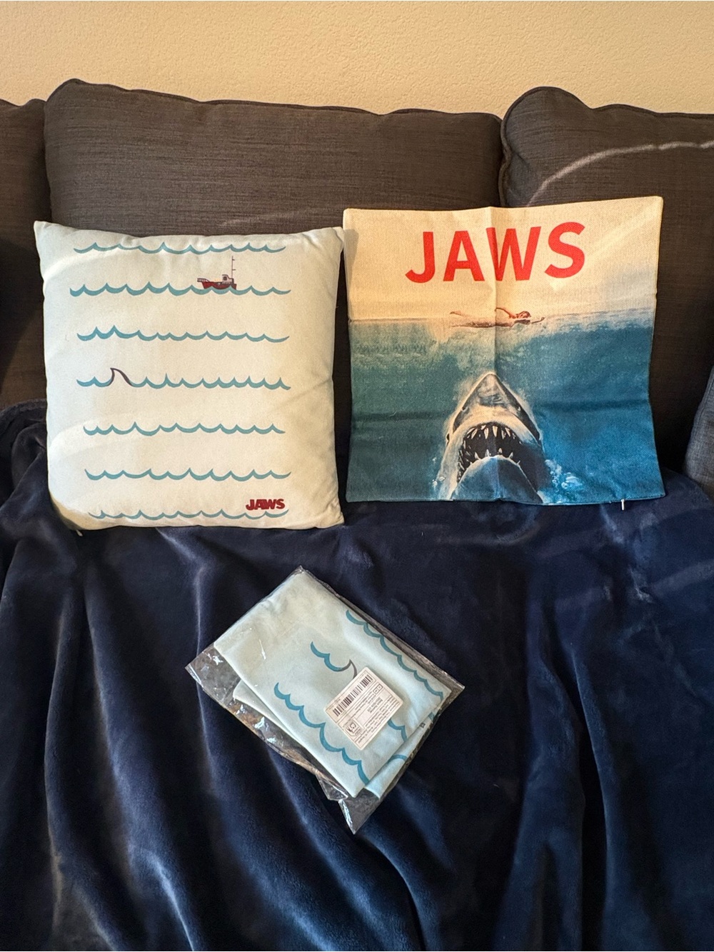 JAWS Decorative Throw Pillow Covers - Blue, Cream, Red